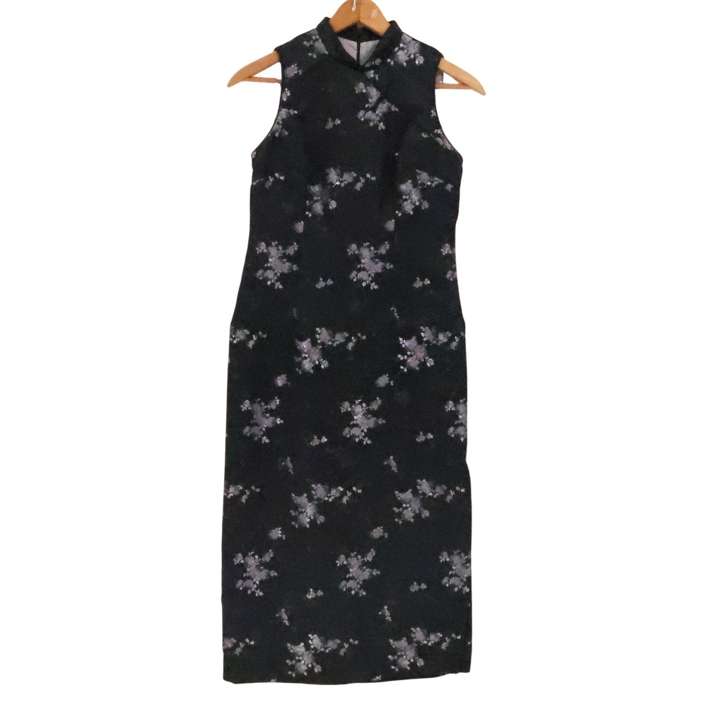 Robbie Bee Vintage 90s Cheongsam Dress Size 8P Black Floral Jacquard Satin
